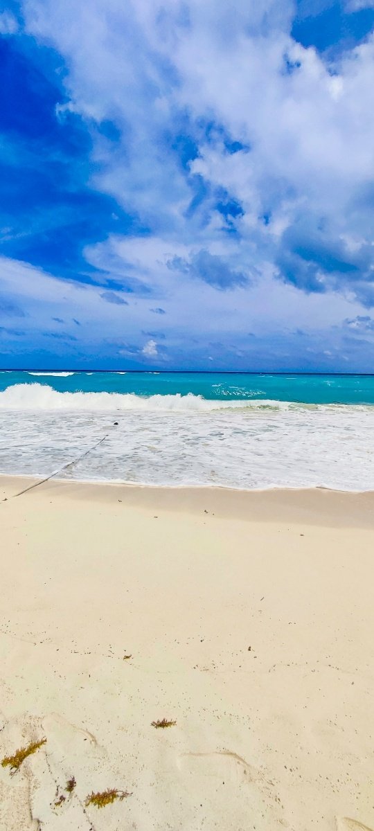 Playa con arena blanca y olas del mar bajo un cielo parcialmente nublado en Playa Ballenas. © 2024 Castor Daniel Oregel Maldonado